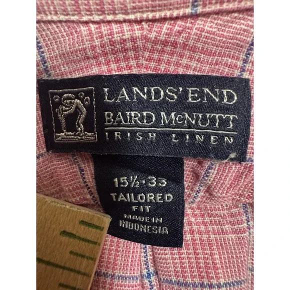 Lands End Baird McNutt Shirt Mens 15 1/2 33 Pink Irish Linen WindowPane Plaid - Picture 10 of 15